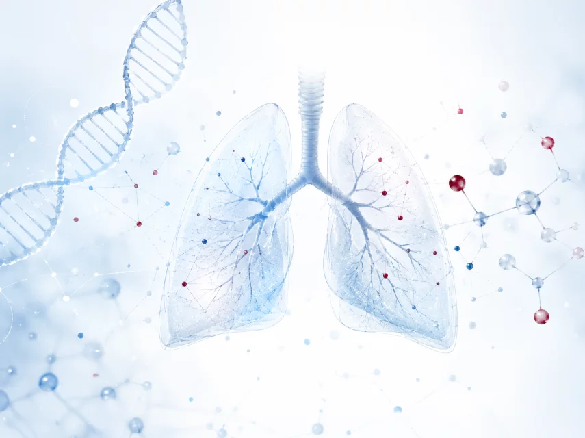 Grafika ilustracyjna przedstawiająca płuca, DNA i struktury molekularne jako symbol nowoczesnej diagnostyki w leczeniu niedrobnokomórkowego raka płuca.