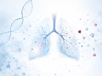 Grafika ilustracyjna przedstawiająca płuca, DNA i struktury molekularne jako symbol nowoczesnej diagnostyki w leczeniu niedrobnokomórkowego raka płuca.