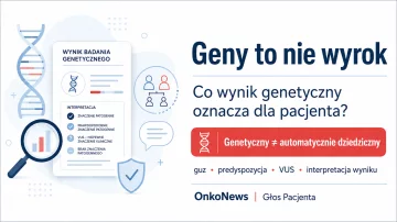 Grafika informacyjna ilustrująca temat genetyki nowotworów: nić DNA oraz symbole rodziny i profilaktyki, przedstawione w spokojny, niealarmujący sposób. Podpis: „Geny to nie wyrok”.